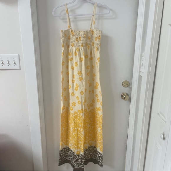 Vintage Roxy Maxi Dress Yellow White Brown Floral Smocked Cotton Sundress Size S - Picture 1 of 5
